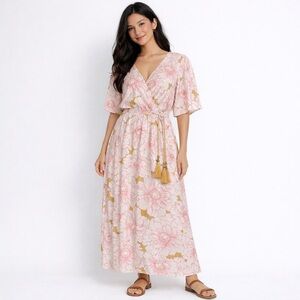 DR2 By Daniel Rainn Floral Wrap Tie Maxi Dress Size Small Ivory with Pink Gold